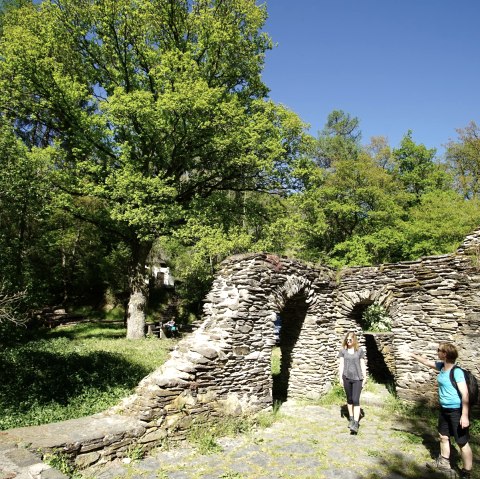 Wanderer an der Klosterruine Mädburg bei Kehrig auf dem Schieferwanderweg Route 2, © Touristik-Büro Vordereifel/ Laura Rinneburger